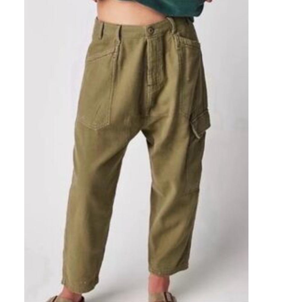 Free People Olive Green Drop Crotch Cargo Pants Tapered Utility Trousers Size M